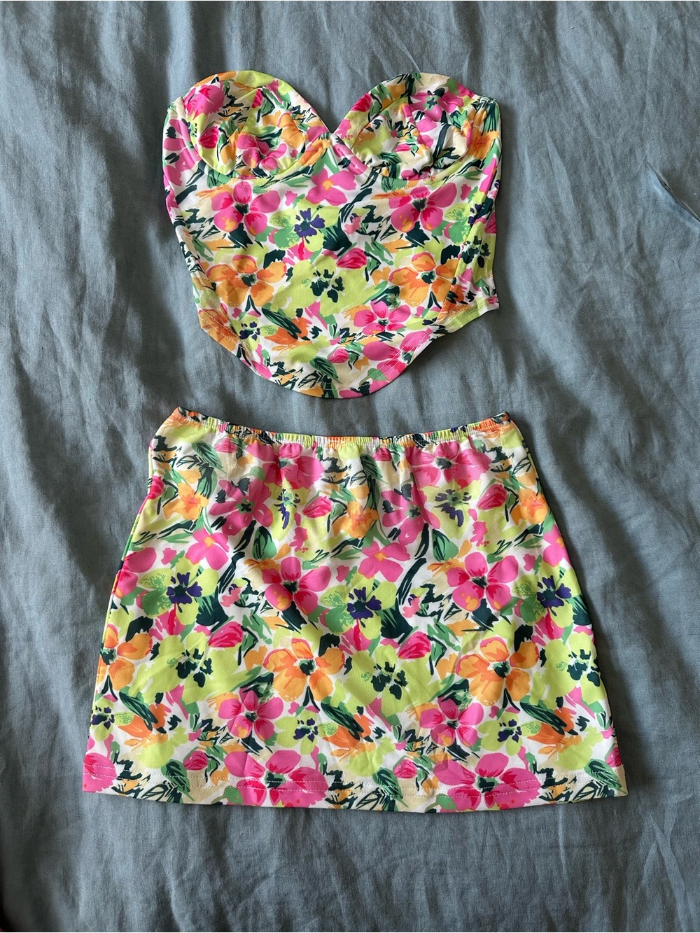 Princess Polly Neon Floral Bandeau Mini Skirt Set - Pink, Orange, Yellow, Green